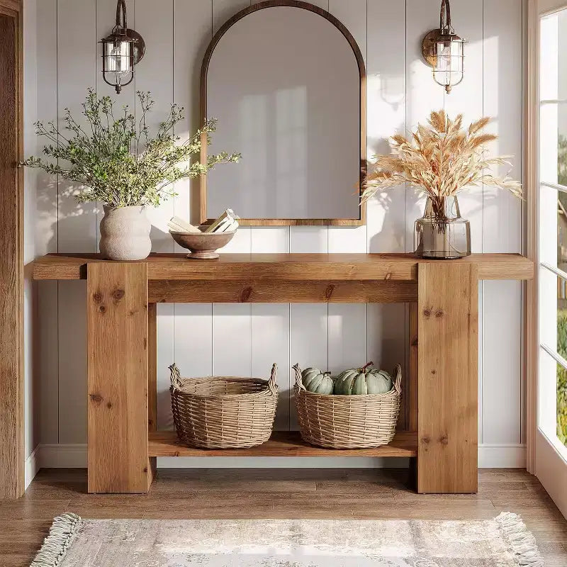 Tavolo console a 2 ripiani in legno massello, tavolo da ingresso da 160 cm stile rustico per soggiorno, corridoio, atrio