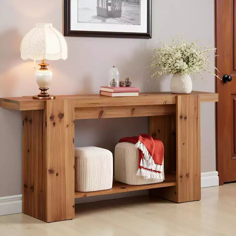 Tavolo console a 2 ripiani in legno massello, tavolo da ingresso da 160 cm stile rustico per soggiorno, corridoio, atrio