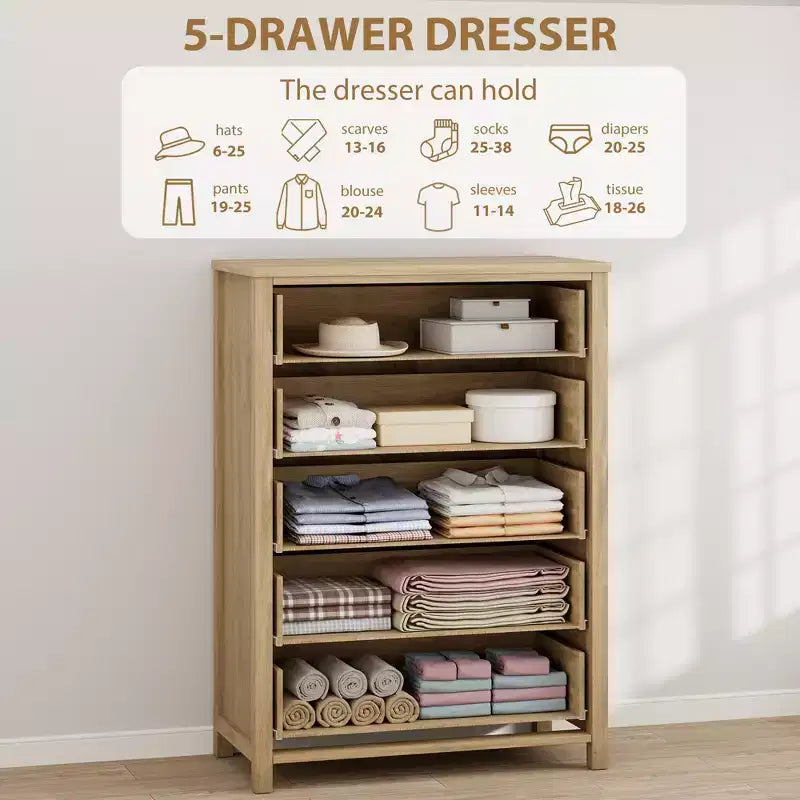 Cassettiera in Rattan per Camera da Letto con 5 Cassetti, Comò Alto 45'' con Grandi Cassetti e Ampio Armadietto per Vestiti, Cassettiera in Legno per Camera da Letto, Porta TV