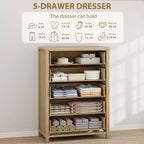 Cassettiera in Rattan per Camera da Letto con 5 Cassetti, Comò Alto 45'' con Grandi Cassetti e Ampio Armadietto per Vestiti, Cassettiera in Legno per Camera da Letto, Porta TV