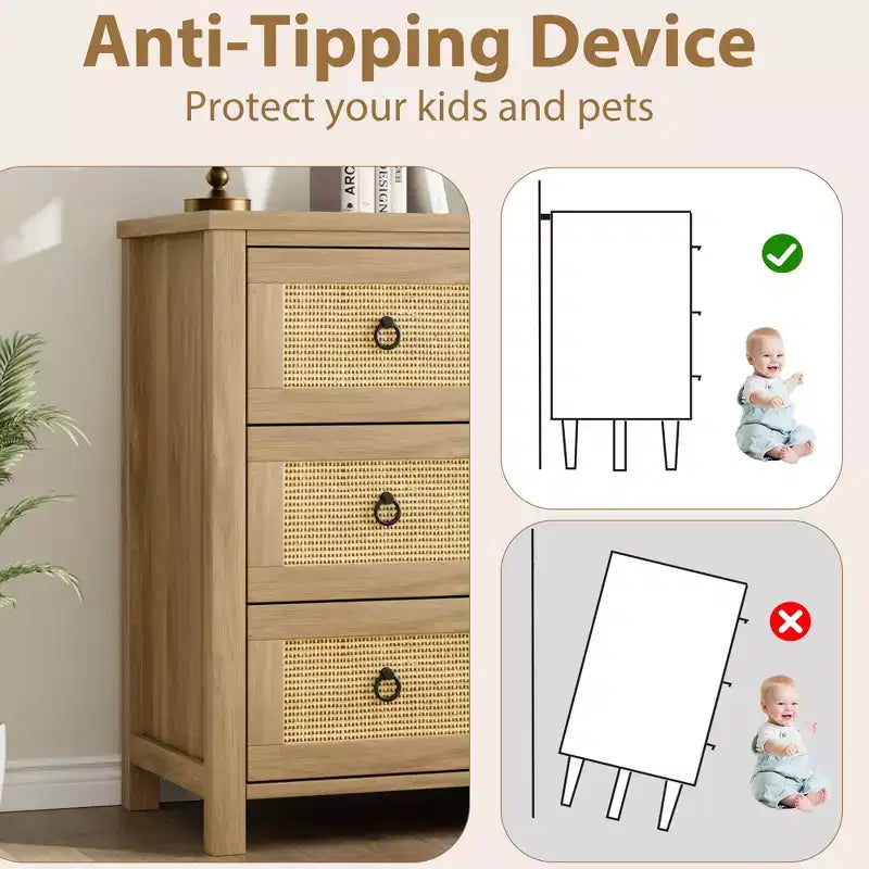 Cassettiera in Rattan per Camera da Letto con 5 Cassetti, Comò Alto 45'' con Grandi Cassetti e Ampio Armadietto per Vestiti, Cassettiera in Legno per Camera da Letto, Porta TV