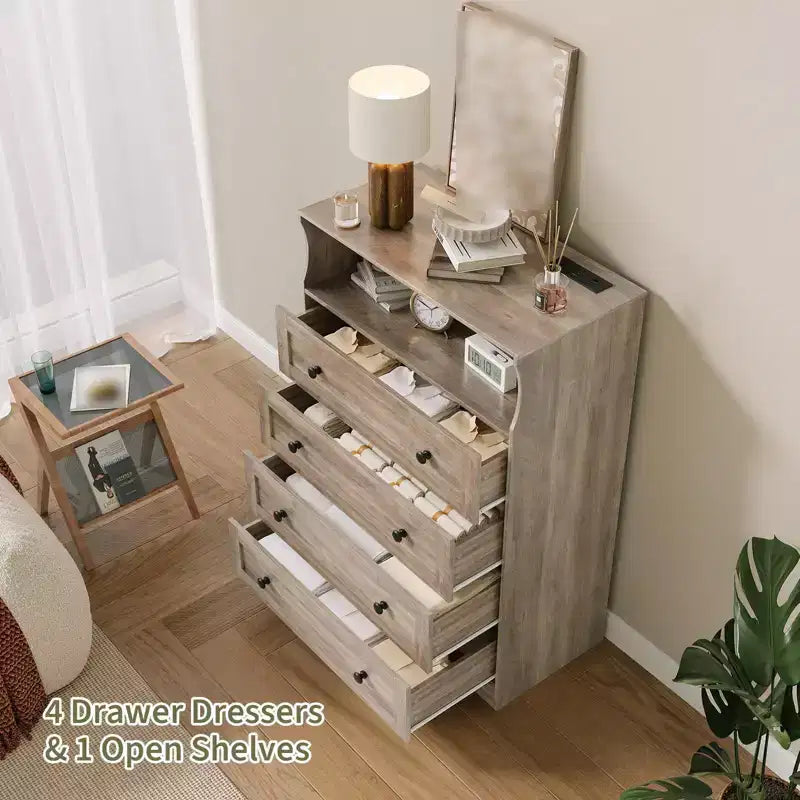 Comò a 4 cassetti per camera da letto, cassettiera in legno larga 80 cm con stazione di ricarica, comodino stretto, organizer per vestiti