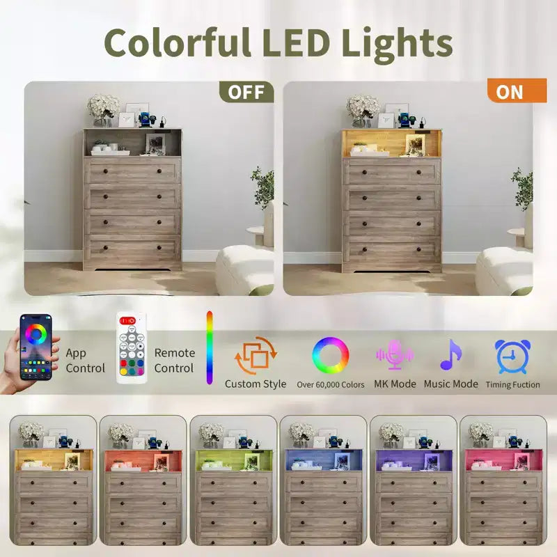 Comò a 4 cassetti per camera da letto, cassettiera in legno larga 80 cm con stazione di ricarica, comodino stretto, organizer per vestiti