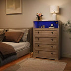 Comò a 4 cassetti per camera da letto, cassettiera in legno larga 80 cm con stazione di ricarica, comodino stretto, organizer per vestiti