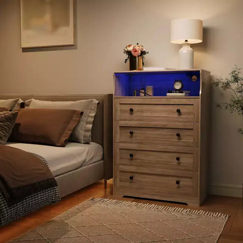 Comò a 4 cassetti per camera da letto, cassettiera in legno larga 80 cm con stazione di ricarica, comodino stretto, organizer per vestiti