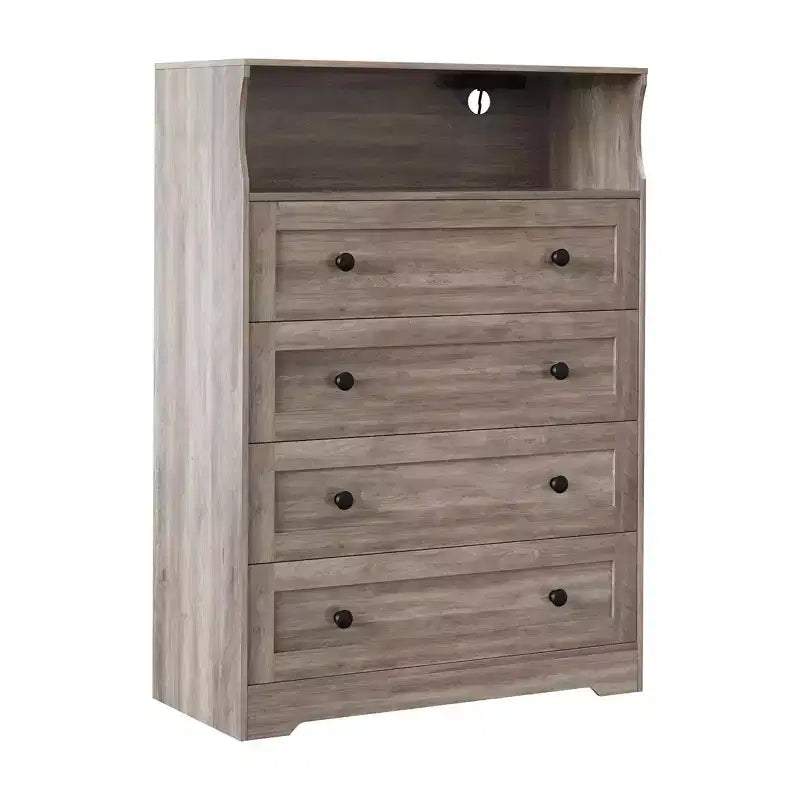 Comò a 4 cassetti per camera da letto, cassettiera in legno larga 80 cm con stazione di ricarica, comodino stretto, organizer per vestiti