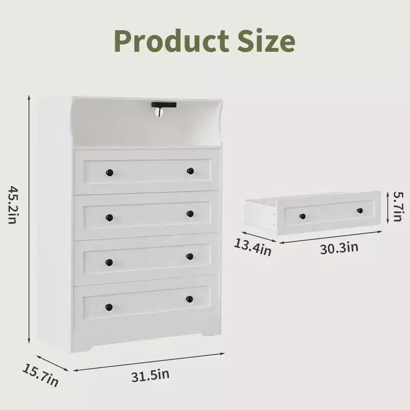 Comò a 4 cassetti per camera da letto, cassettiera in legno larga 80 cm con stazione di ricarica, comodino stretto, organizer per vestiti