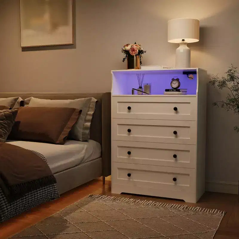 Comò a 4 cassetti per camera da letto, cassettiera in legno larga 80 cm con stazione di ricarica, comodino stretto, organizer per vestiti