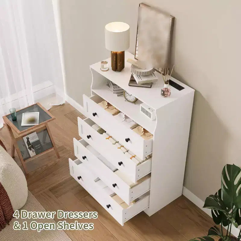 Comò a 4 cassetti per camera da letto, cassettiera in legno larga 80 cm con stazione di ricarica, comodino stretto, organizer per vestiti