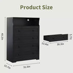 Comò a 4 cassetti per camera da letto, cassettiera in legno larga 80 cm con stazione di ricarica, comodino stretto, organizer per vestiti