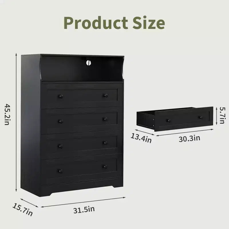 Comò a 4 cassetti per camera da letto, cassettiera in legno larga 80 cm con stazione di ricarica, comodino stretto, organizer per vestiti