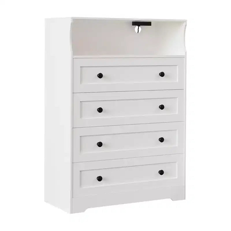 Comò a 4 cassetti per camera da letto, cassettiera in legno larga 80 cm con stazione di ricarica, comodino stretto, organizer per vestiti