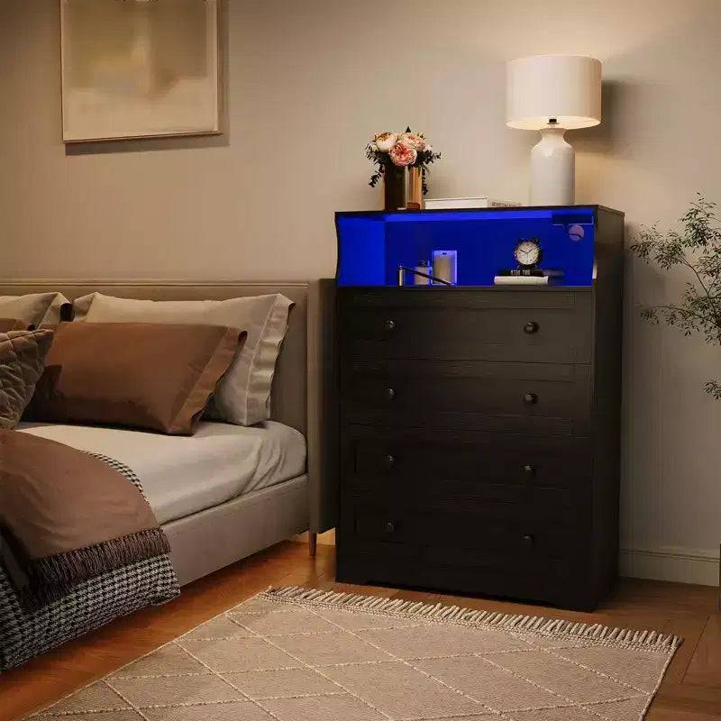 Comò a 4 cassetti per camera da letto, cassettiera in legno larga 80 cm con stazione di ricarica, comodino stretto, organizer per vestiti