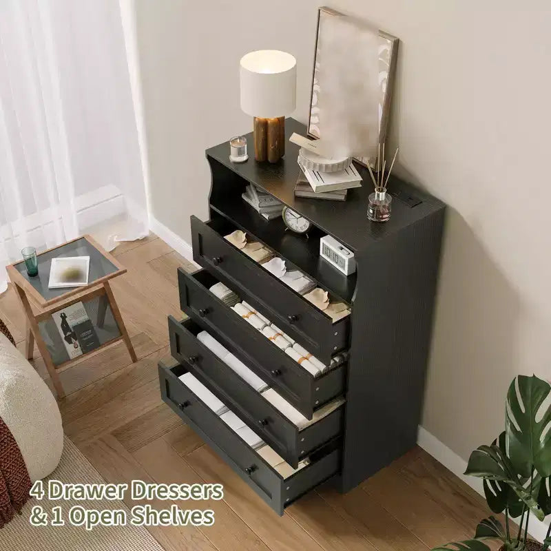 Comò a 4 cassetti per camera da letto, cassettiera in legno larga 80 cm con stazione di ricarica, comodino stretto, organizer per vestiti