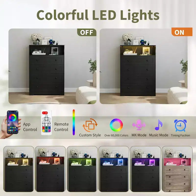 Comò a 4 cassetti per camera da letto, cassettiera in legno larga 80 cm con stazione di ricarica, comodino stretto, organizer per vestiti
