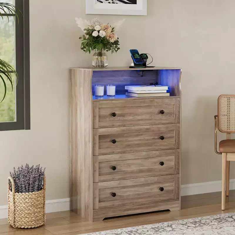 Comò a 4 cassetti per camera da letto, cassettiera in legno larga 80 cm con stazione di ricarica, comodino stretto, organizer per vestiti