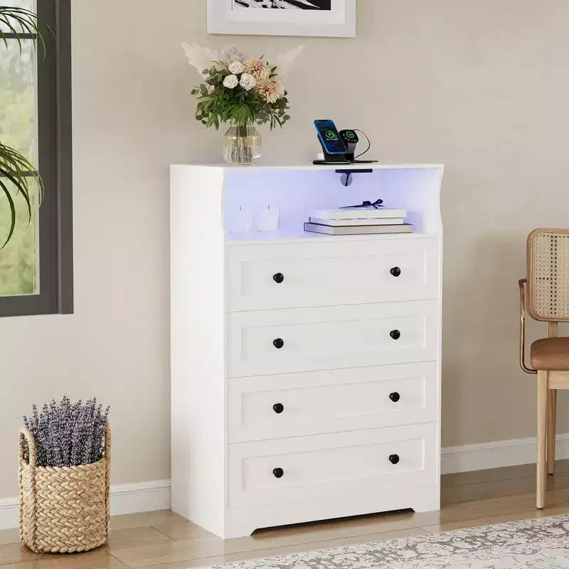 Comò a 4 cassetti per camera da letto, cassettiera in legno larga 80 cm con stazione di ricarica, comodino stretto, organizer per vestiti
