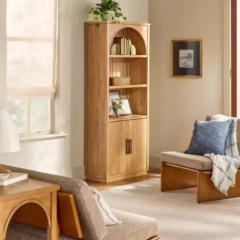 Libreria Arch con ante, libreria ad arco da 72'' con ripiani aperti e mobile contenitore