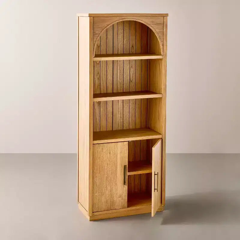 Libreria Arch con ante, libreria ad arco da 72'' con ripiani aperti e mobile contenitore
