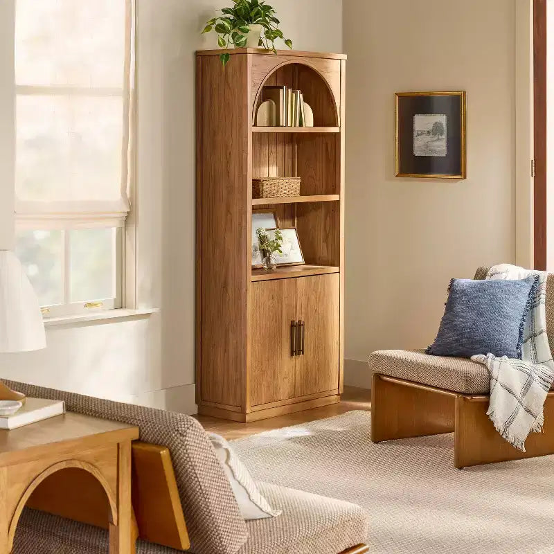 Libreria Arch con ante, libreria ad arco da 72'' con ripiani aperti e mobile contenitore