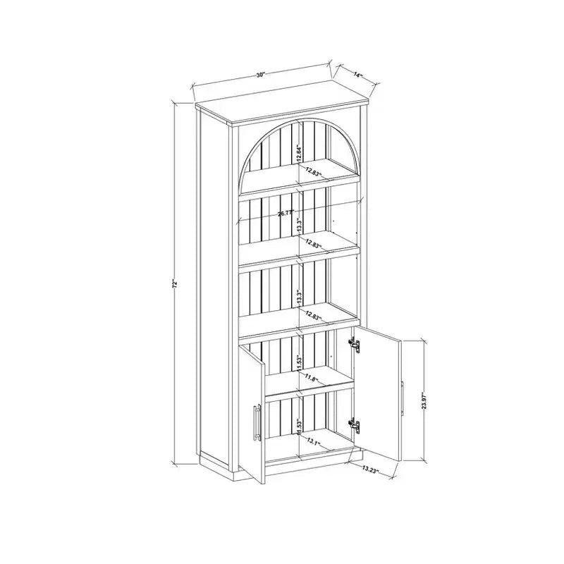 Libreria Arch con ante, libreria ad arco da 72'' con ripiani aperti e mobile contenitore