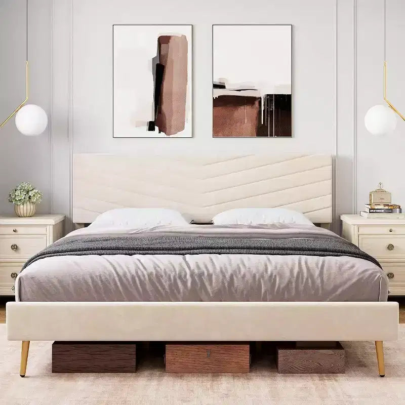 Letto a piattaforma King Size Beige con testiera regolabile, struttura letto in tessuto felpato senza bisogno di rete, design silenzioso, facile da montare