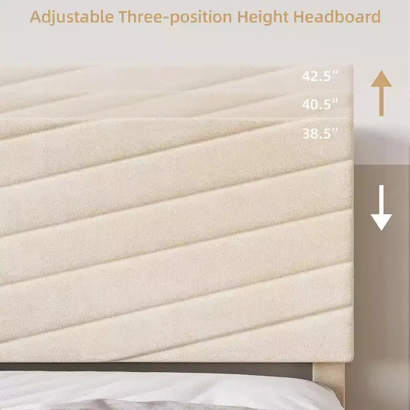 Letto a piattaforma King Size Beige con testiera regolabile, struttura letto in tessuto felpato senza bisogno di rete, design silenzioso, facile da montare