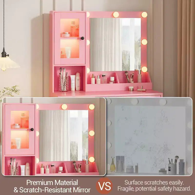Tavolo da trucco con specchio e luci, toeletta con stazione di ricarica, illuminazione RGB e a 3 colori, 2 armadietti, 2 ripiani aperti, per camera da letto
