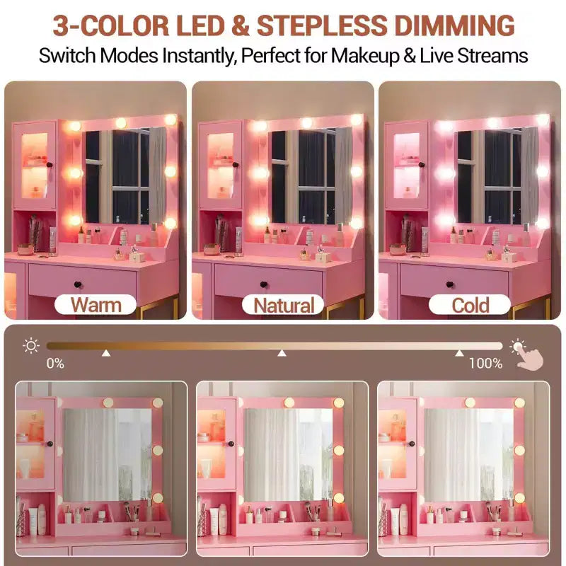 Tavolo da trucco con specchio e luci, toeletta con stazione di ricarica, illuminazione RGB e a 3 colori, 2 armadietti, 2 ripiani aperti, per camera da letto