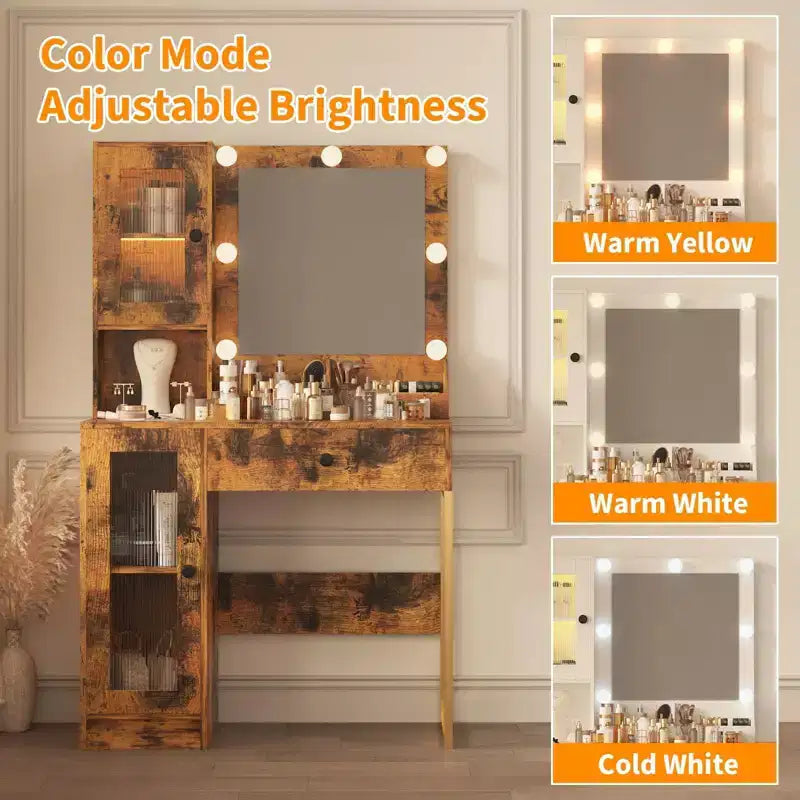 Tavolo da trucco con specchio e luci, toeletta con stazione di ricarica, illuminazione RGB e a 3 colori, 2 armadietti, 2 ripiani aperti, per camera da letto