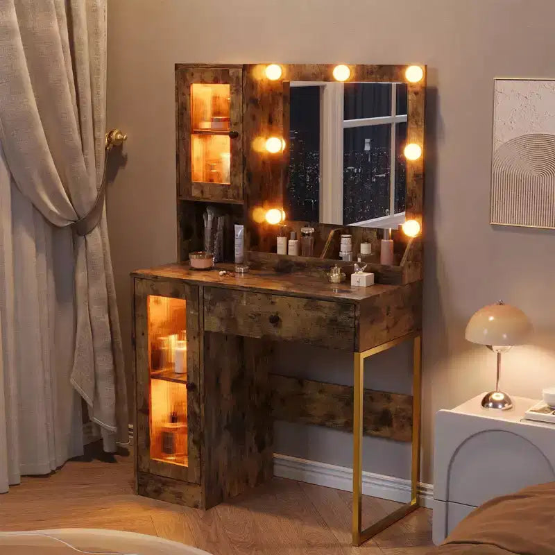 Tavolo da trucco con specchio e luci, toeletta con stazione di ricarica, illuminazione RGB e a 3 colori, 2 armadietti, 2 ripiani aperti, per camera da letto