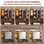Tavolo da trucco con specchio e luci, toeletta con stazione di ricarica, illuminazione RGB e a 3 colori, 2 armadietti, 2 ripiani aperti, per camera da letto