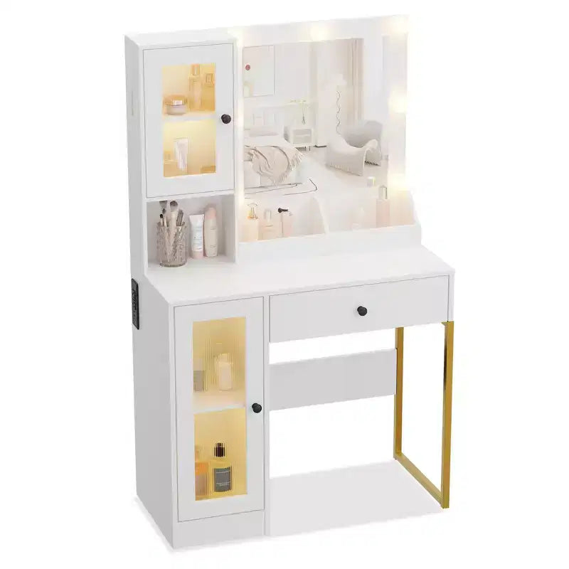 Tavolo da trucco con specchio e luci, toeletta con stazione di ricarica, illuminazione RGB e a 3 colori, 2 armadietti, 2 ripiani aperti, per camera da letto