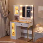 Tavolo da trucco con specchio e luci, toeletta con stazione di ricarica, illuminazione RGB e a 3 colori, 2 armadietti, 2 ripiani aperti, per camera da letto