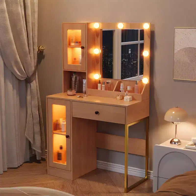Tavolo da trucco con specchio e luci, toeletta con stazione di ricarica, illuminazione RGB e a 3 colori, 2 armadietti, 2 ripiani aperti, per camera da letto