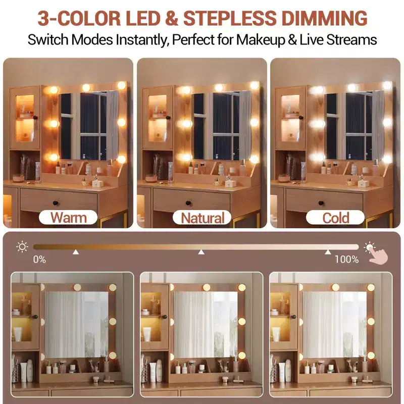 Tavolo da trucco con specchio e luci, toeletta con stazione di ricarica, illuminazione RGB e a 3 colori, 2 armadietti, 2 ripiani aperti, per camera da letto