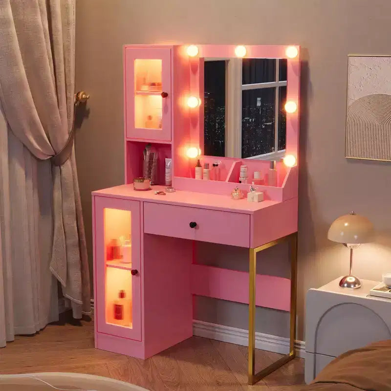 Tavolo da trucco con specchio e luci, toeletta con stazione di ricarica, illuminazione RGB e a 3 colori, 2 armadietti, 2 ripiani aperti, per camera da letto