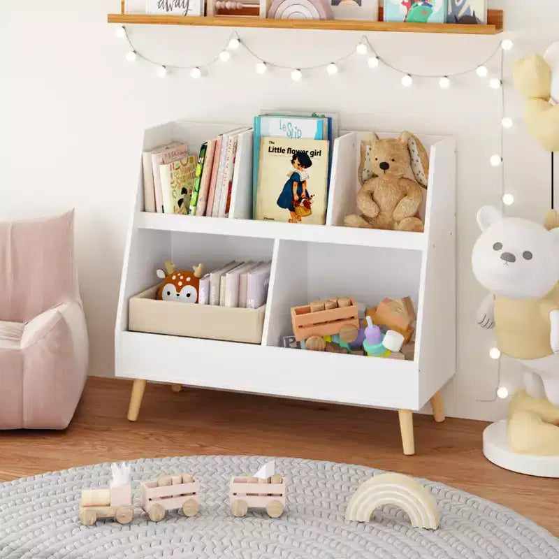 Kids Bookshelf and Toy Organizer, 5 Cubbies Wooden Open Bookcase, 2-Tier Baby Storage Display Organizer with Legs, Free Standing White