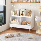 Libreria e contenitore per giocattoli per bambini, libreria aperta in legno a 5 scomparti, organizzatore espositivo per bambini a 2 livelli con gambe, bianco autoportante