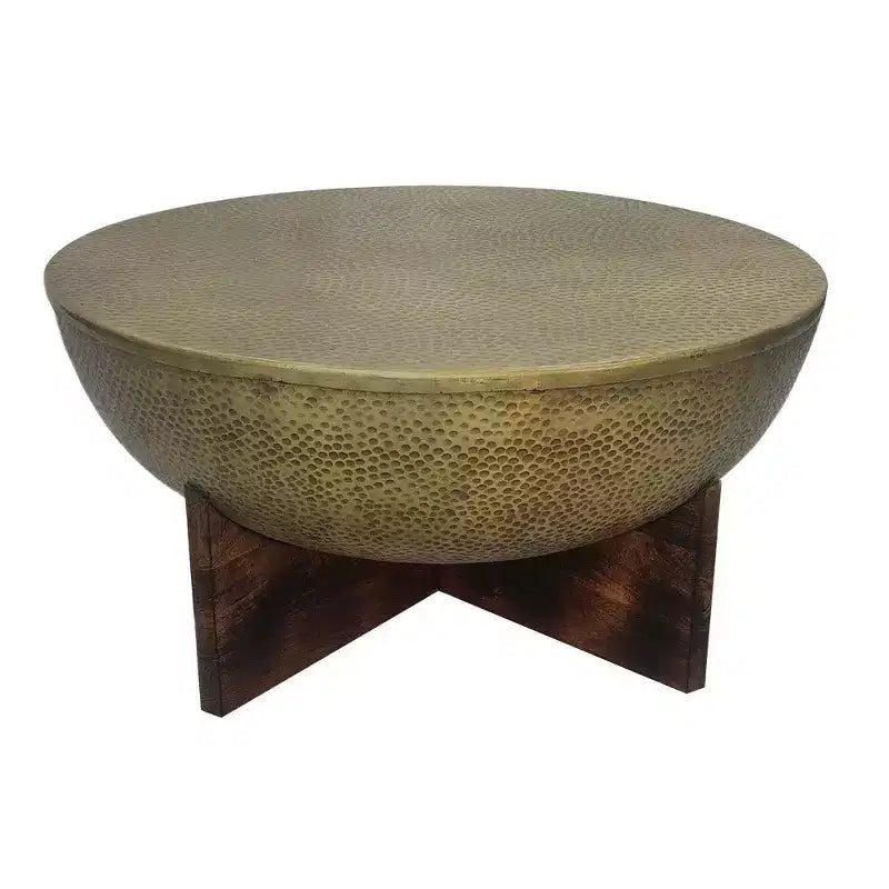Tavolino Royal Hampton | Piano Rotondo in Metallo Martellato | Base in Legno di Mango | Ottone Anticato