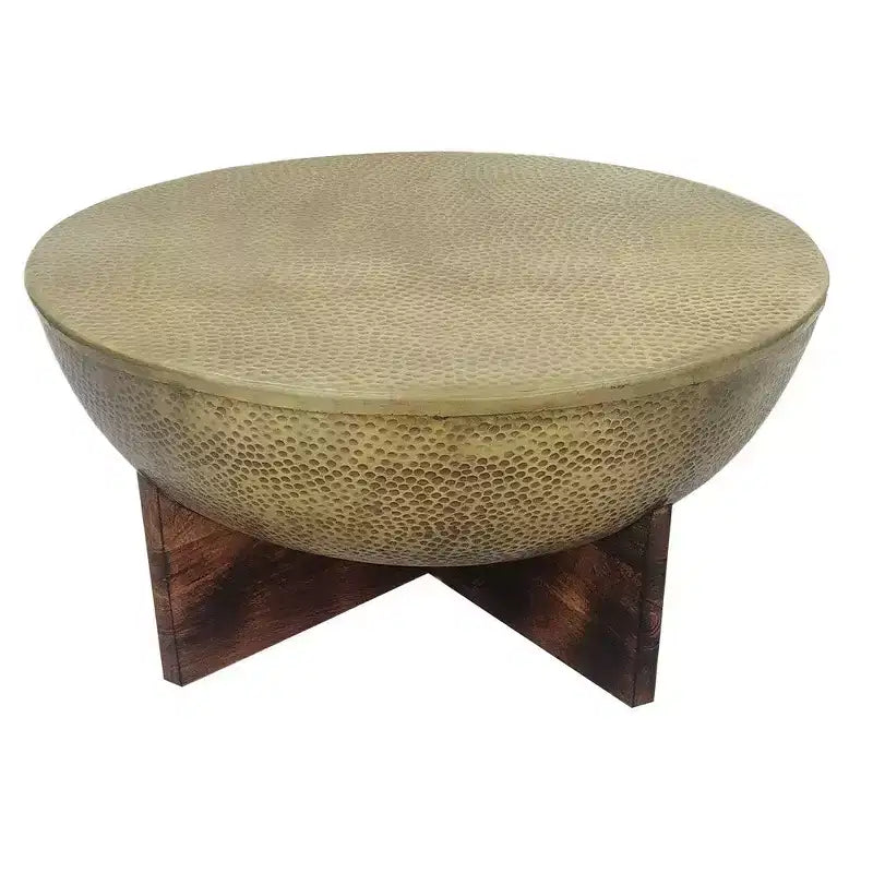 Tavolino Royal Hampton | Piano Rotondo in Metallo Martellato | Base in Legno di Mango | Ottone Anticato