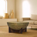 Tavolino Royal Hampton | Piano Rotondo in Metallo Martellato | Base in Legno di Mango | Ottone Anticato