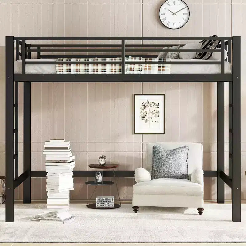 Letto a soppalco in metallo con doppia scala e ringhiere, struttura letto a soppalco di varie misure con spazio aperto sotto il letto per dormitori, camere da letto, nero