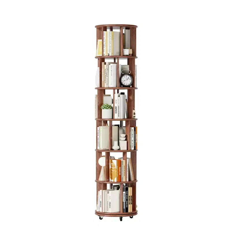 Libreria rotante in legno a 6 livelli, girevole a 360°, per bambini, scaffali stretti con ruote per piccoli spazi, angoli, camere da letto, uffici, noce