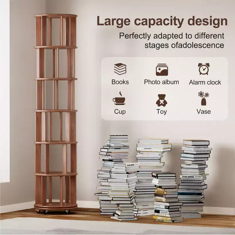 Libreria rotante in legno a 6 livelli, girevole a 360°, per bambini, scaffali stretti con ruote per piccoli spazi, angoli, camere da letto, uffici, noce