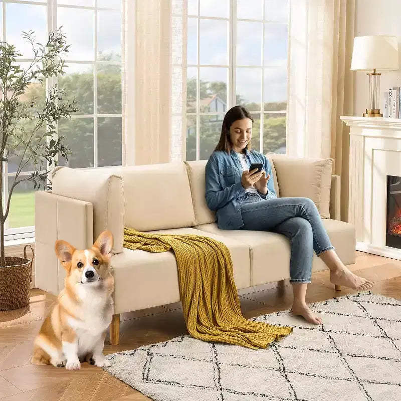 Divanetto in velluto beige da 76", 2 posti oversize con sedute extra profonde e 2 cuscini rimovibili, divano morbido per soggiorno moderno