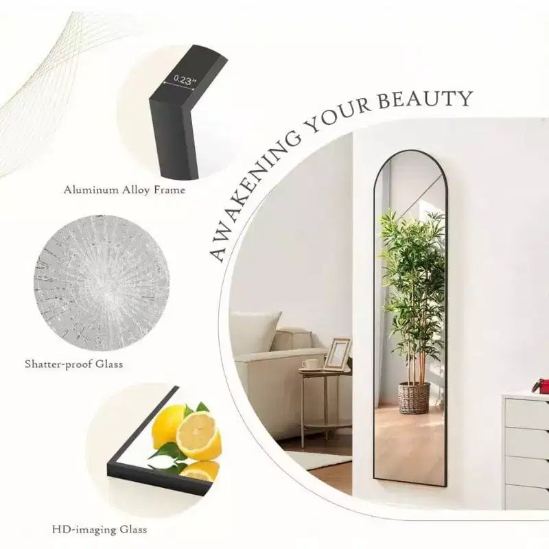 Specchio Nero Ad Arco, 150x40 cm, a Figura Intera. Cornice Sottile in Alluminio da Appendere o Appoggiare in Camera da Letto o Spogliatoio