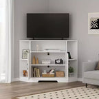Mobile TV ad angolo per TV fino a 55 pollici, Centro di intrattenimento in stile rustico moderno, Mobile TV in legno con console multimediale e armadietti a ripiani per soggiorno