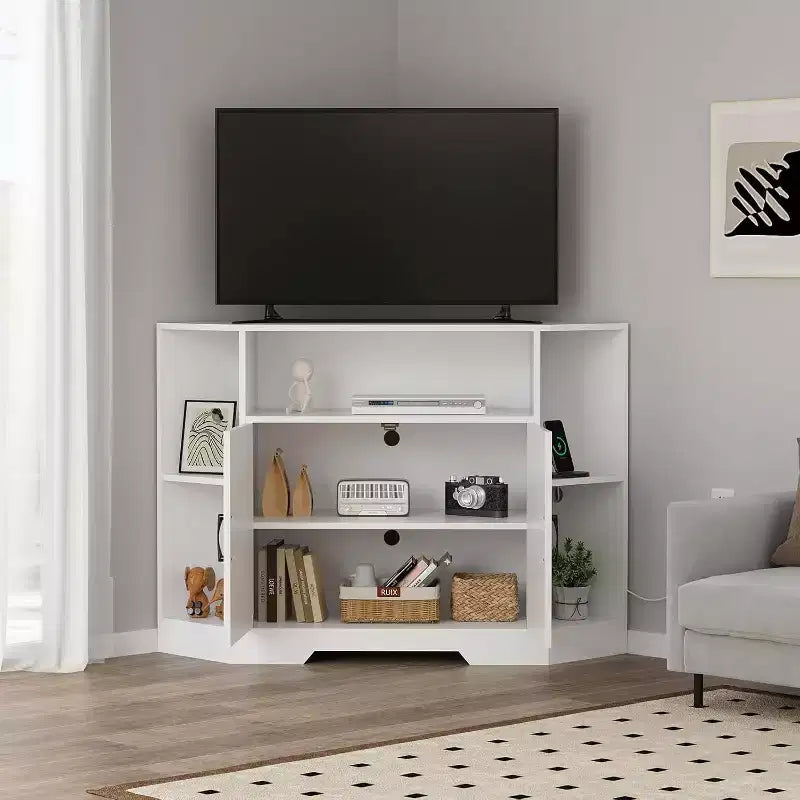 Mobile TV ad angolo per TV fino a 55 pollici, Centro di intrattenimento in stile rustico moderno, Mobile TV in legno con console multimediale e armadietti a ripiani per soggiorno