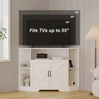 Mobile TV ad angolo per TV fino a 55 pollici, Centro di intrattenimento in stile rustico moderno, Mobile TV in legno con console multimediale e armadietti a ripiani per soggiorno